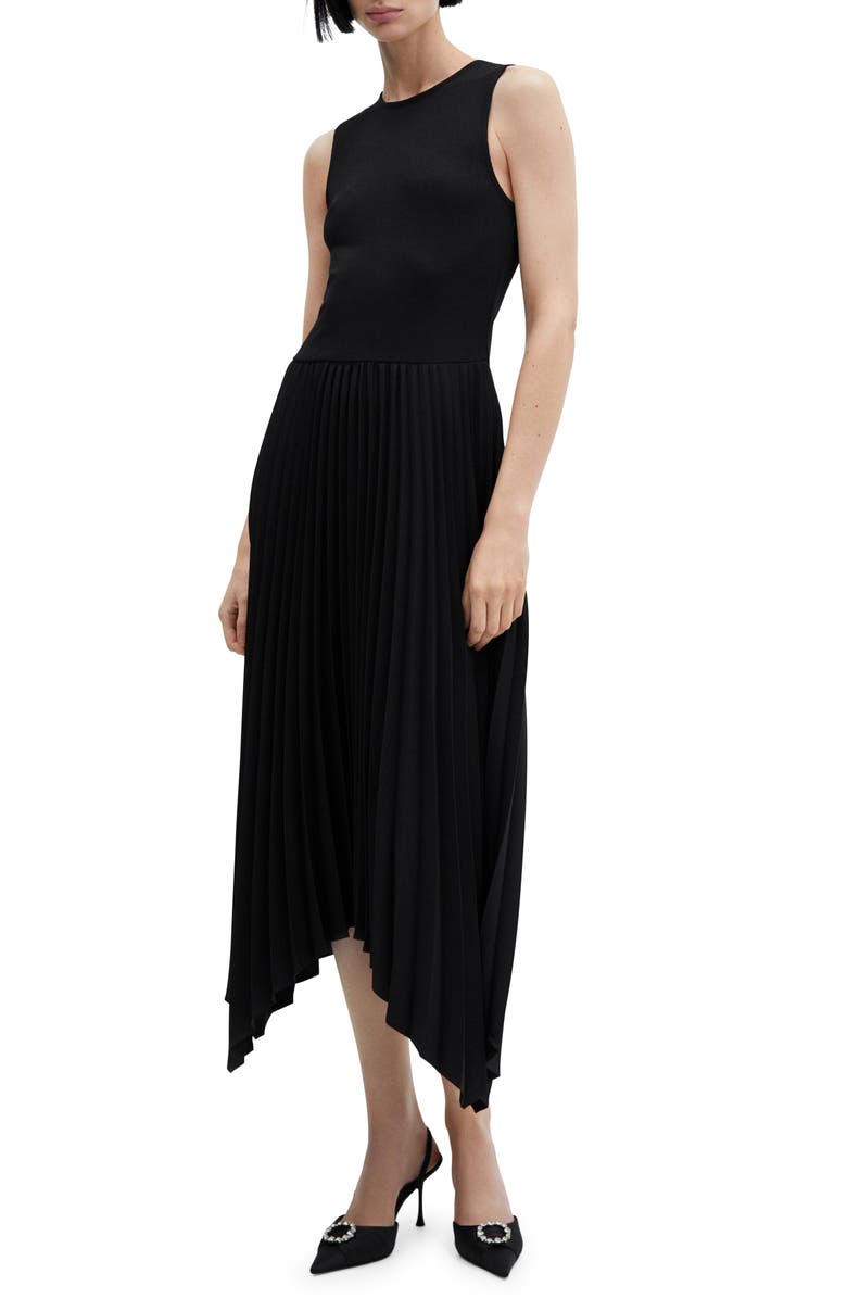 MANGO Pleated Handkerchief Hem Sleeveless Midi Dress, Main, color,