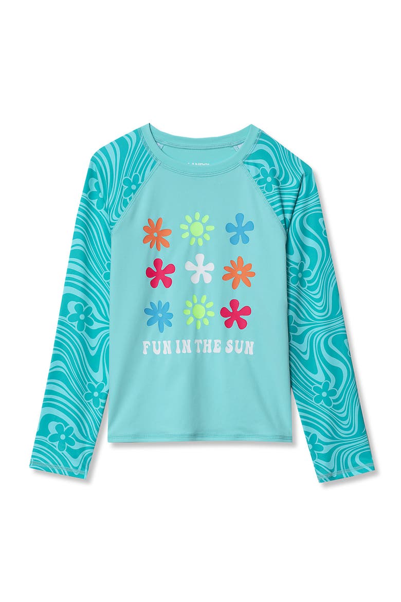 Girls Long Sleeve Mock Neck UPF 50 Swim Rash Guard, Main, color, Fun In The Sun/Aruba Blue