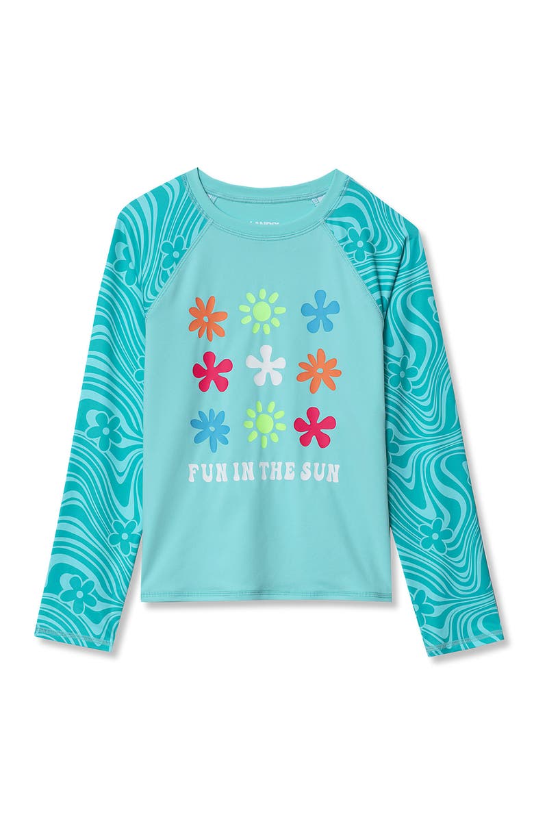 Lands' End Girls Long Sleeve Mock Neck UPF 50 Swim Rash Guard, Main, color, Fun In The Sun/Aruba Blue