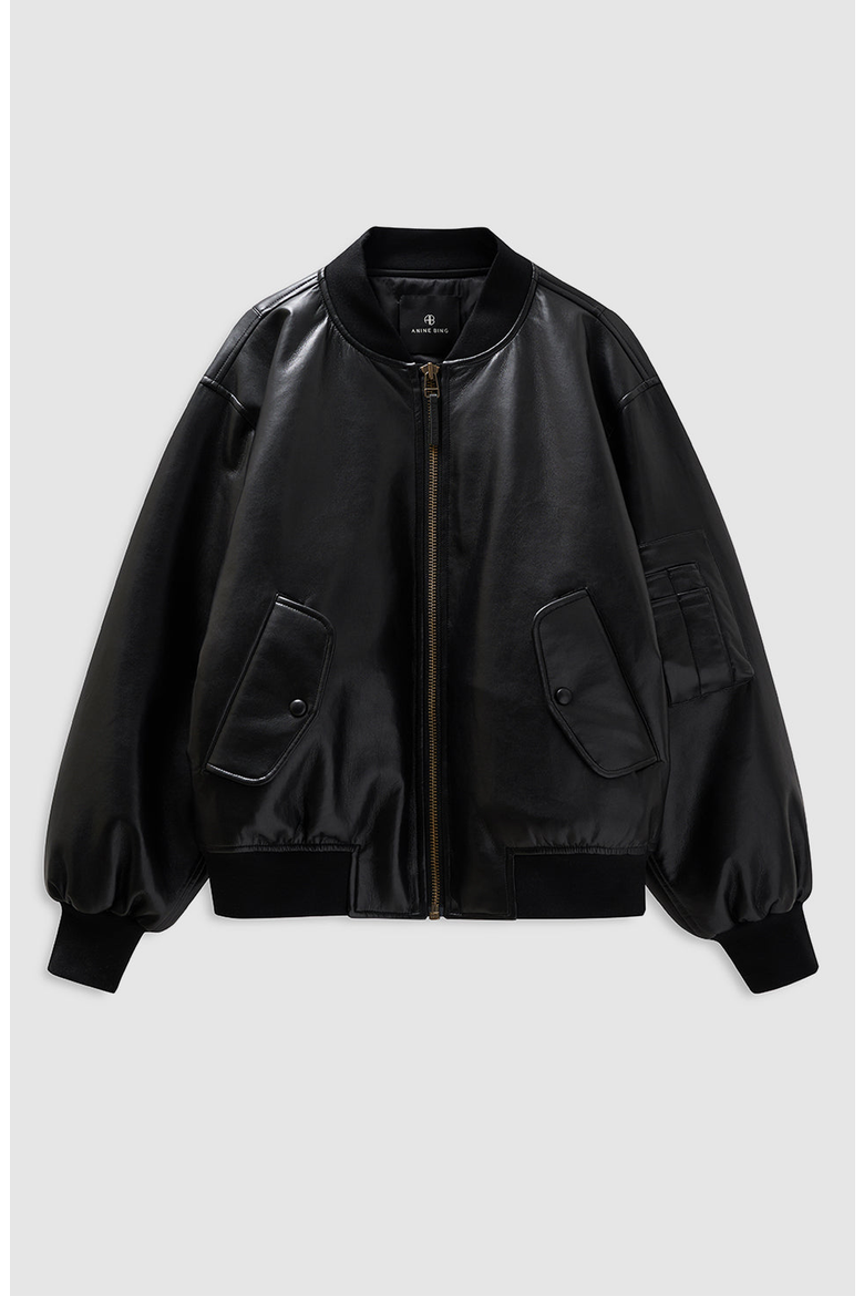 Black Leather Leon Bomber Jacket, Alternate, color, Black