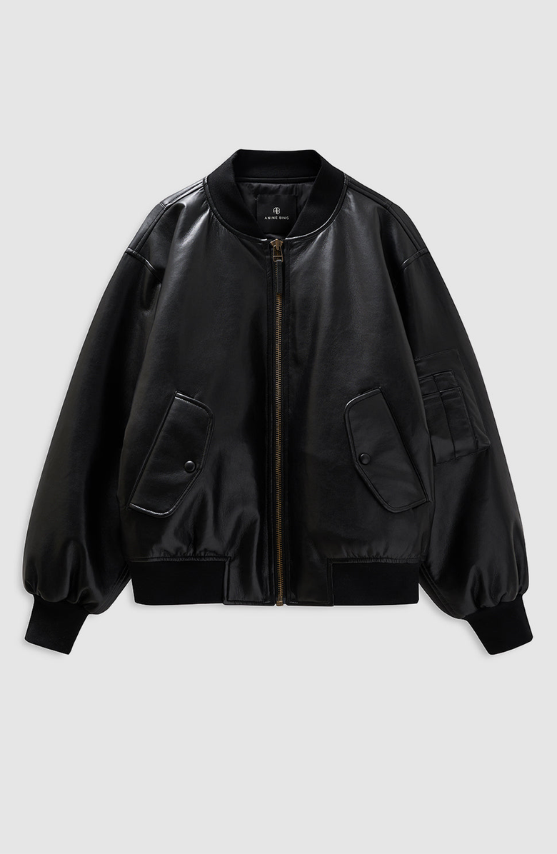 ANINE BING Black Leather Leon Bomber Jacket, Alternate, color, Black