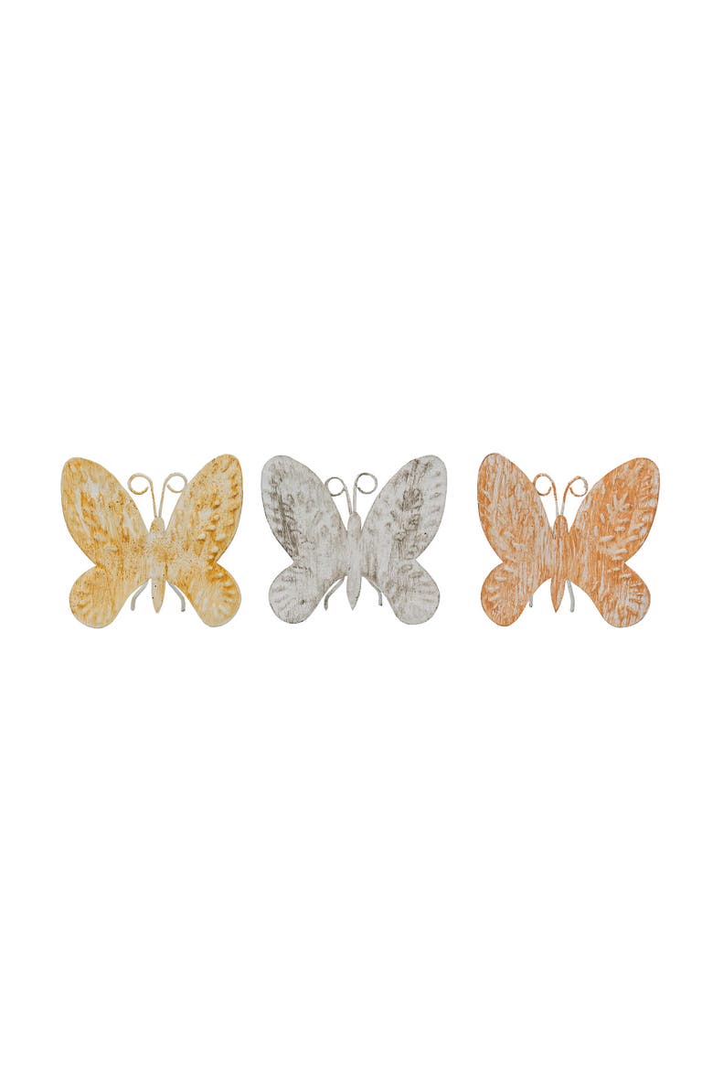 Set of 3 Distressed Butterfly Figures Metal, Main, color, Yellow
