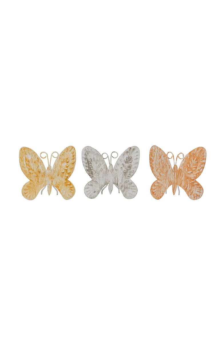 Foreside Home and Garden Set of 3 Distressed Butterfly Figures Metal, Main, color, Yellow