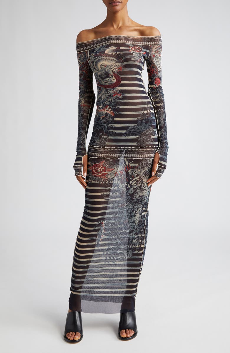 Jean Paul Gaultier Tattoo Stripe Off the Shoulder Long Sleeve Semisheer Mesh Dress, Main, color, 