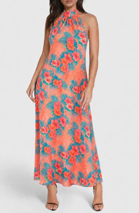 Printed Satin Mock Neck Maxi Dress