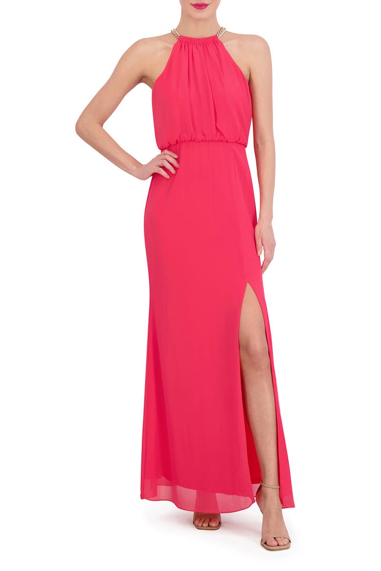 Chain Detail Blouson Gown, Main, color, CHERRY