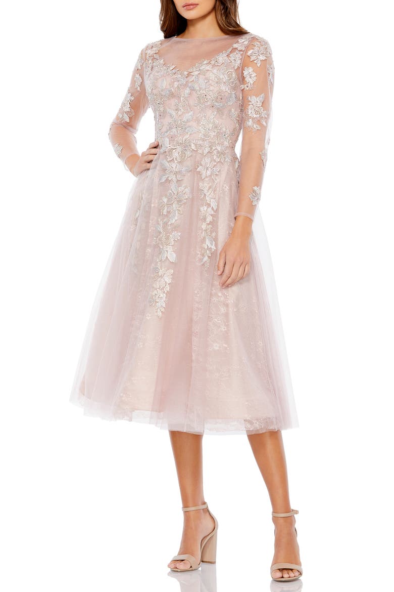 Floral Embroidered Long Sleeve Lace & Tulle Cocktail Dress, Main, color, VINTAGE LILAC