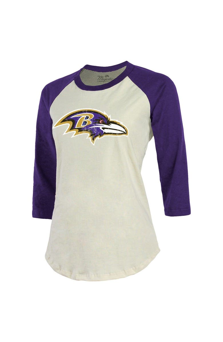Majestic Threads Women's Fanatics Branded Lamar Jackson Cream/Purple Baltimore Ravens Player Raglan Name & Number Fitted 3/4-Sleeve T-Shirt, Alternate, color, 