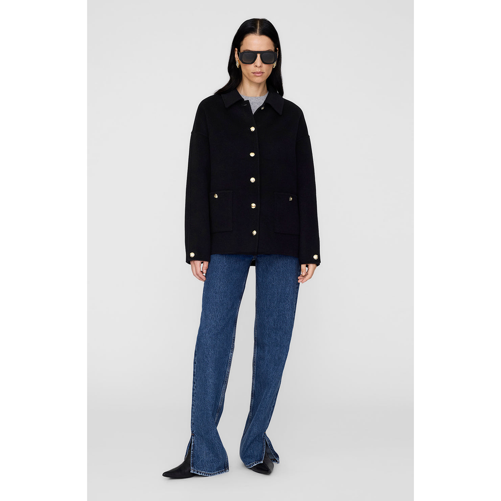 Anine Bing Button Detail Coat Collared Design Pockets In Black