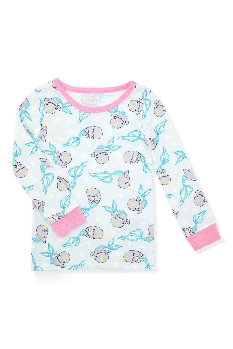Narwhal Print Fitted Two-Piece Pajamas, Alternate, color, BLUE