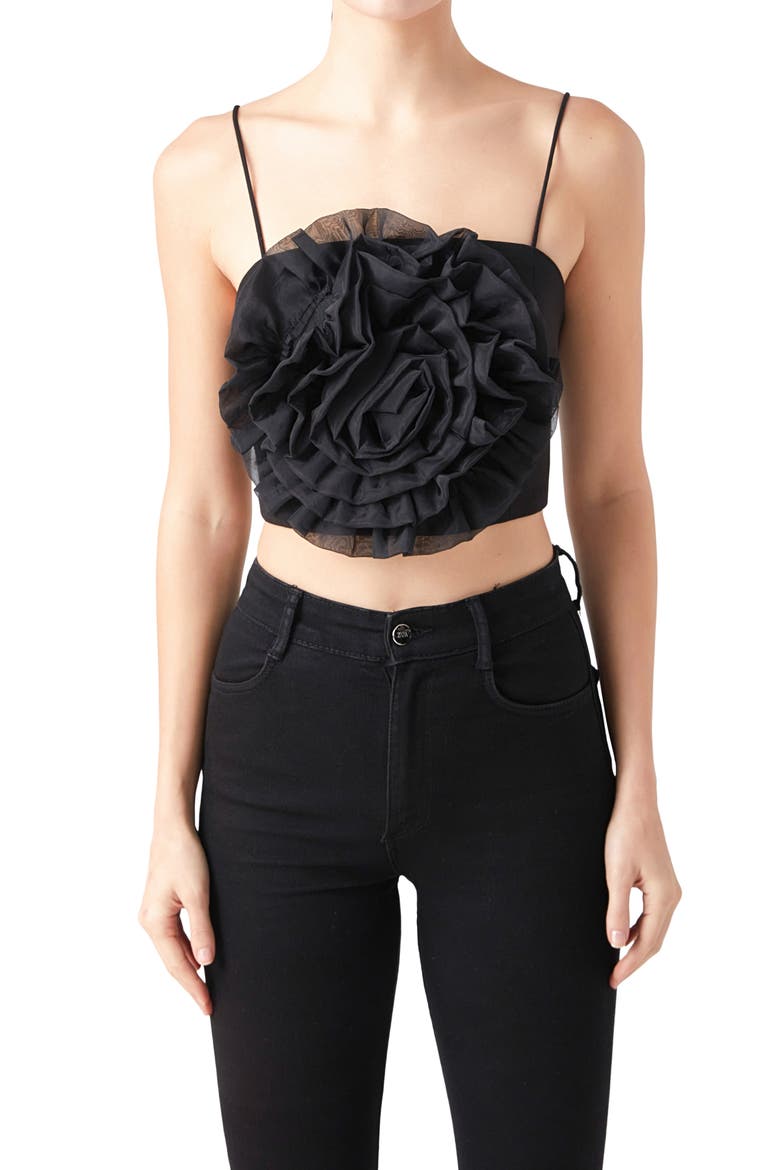 Organza Flower Crop Top, Alternate, color, BLACK