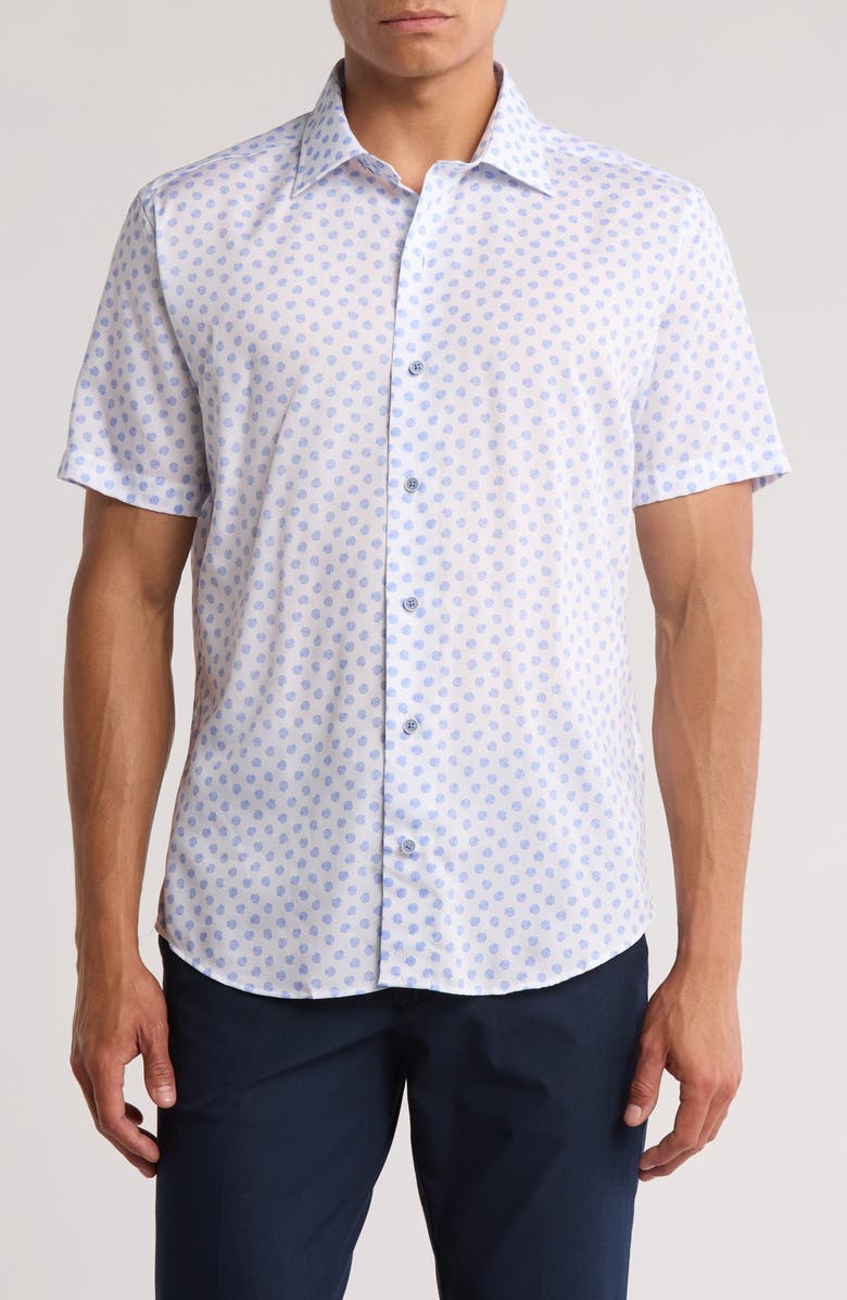David Donahue Print Short Sleeve Sport Shirt, Main, color, White/ Blue
