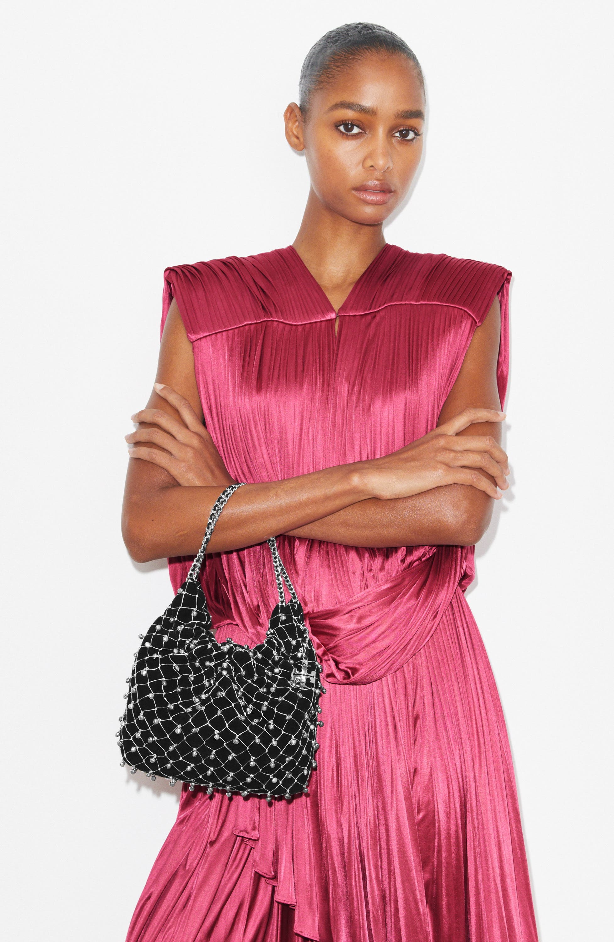 Tory Burch Mini Fleming Bell Hobo Bag, Alternate, color, Black