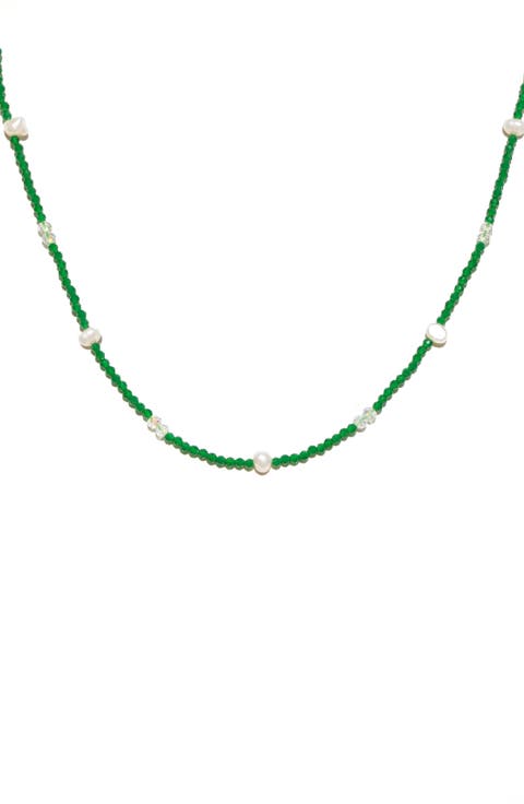 Imitation Pearl and Green Bead Chain Necklace