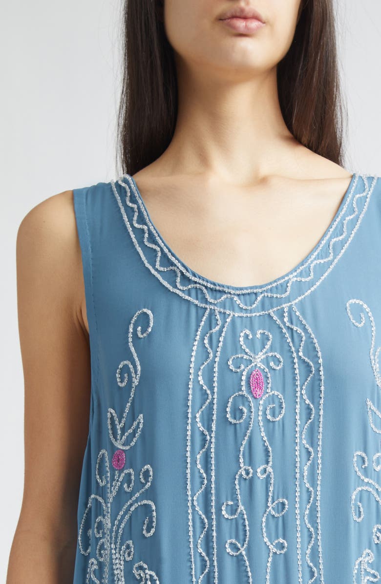 Bode Sea Flower Beaded Fringe Silk Dress, Alternate, color, Blue Multi