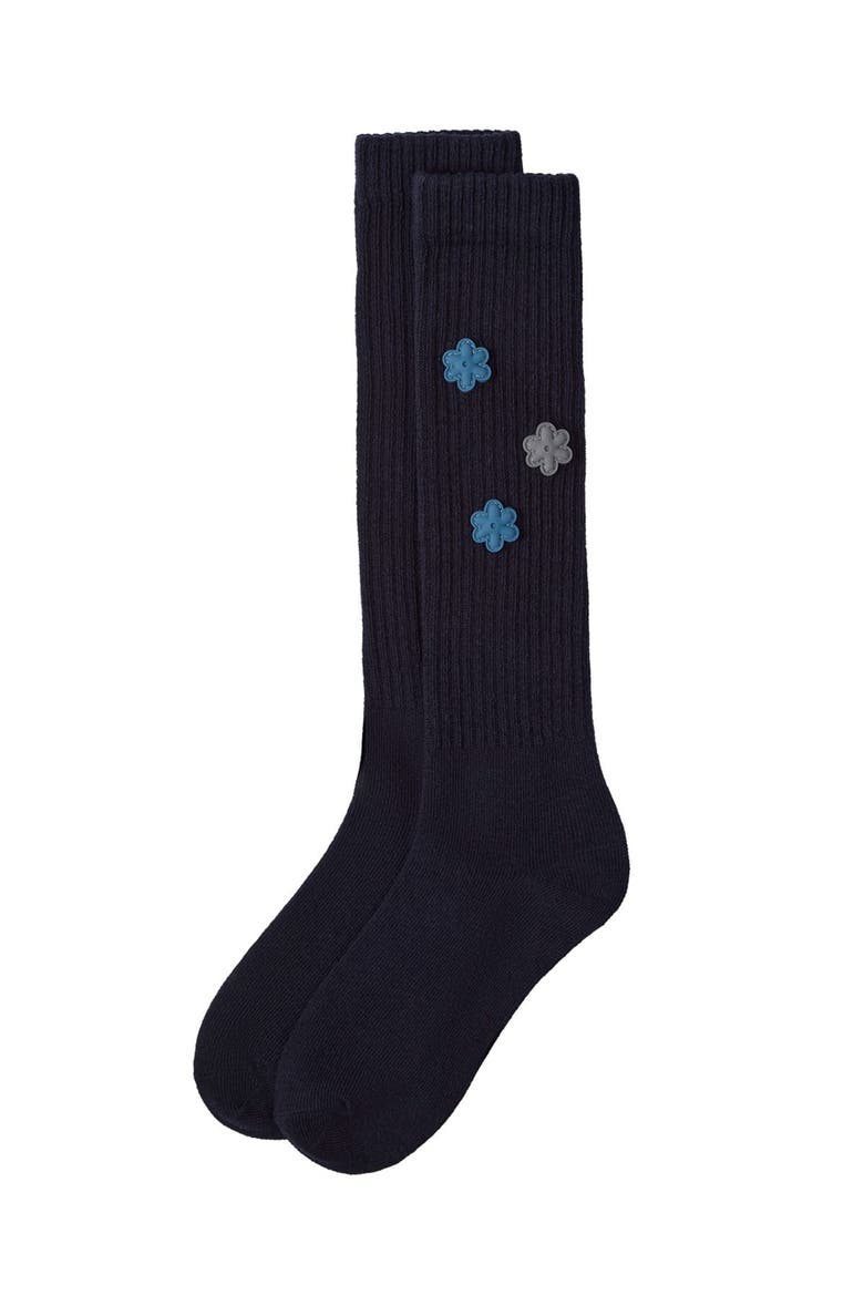 Ribbed Knee High Sock with 3D Rubber Flower Accents, Alternate, color, Navy