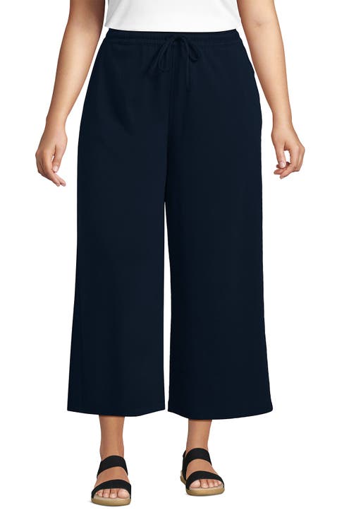 Plus Size Sport Knit Elastic Waist Wide Leg Crop Pants