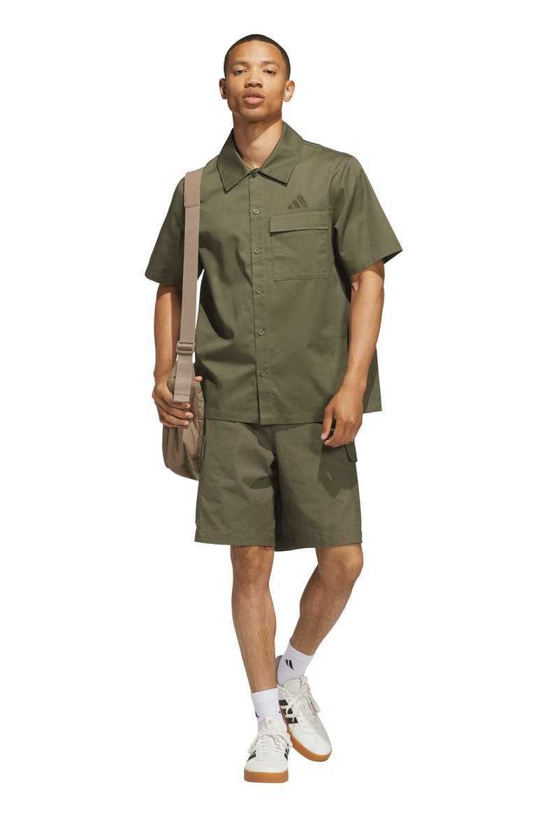 Short Sleeved Woven Buttoned Front Top, Alternate, color, OLIVE STRATA