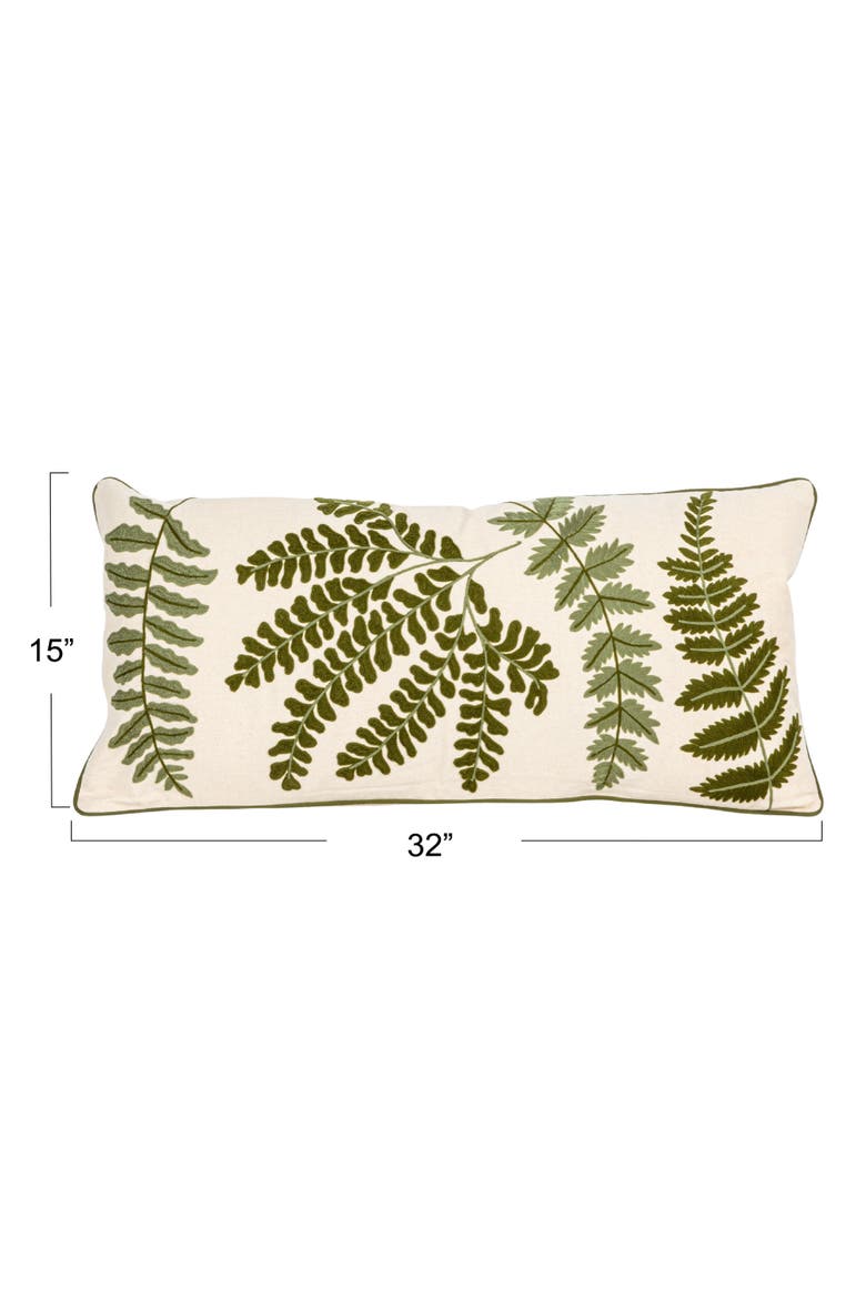 Cotton Lumbar Pillow with Fern Fronds Embroidery, Cream and Green, Alternate, color, Green