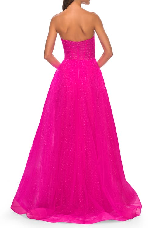 La Femme Sweetheart Tulle And Rhinestone Prom Dress With Illusion Detail In Hot Fuchsia