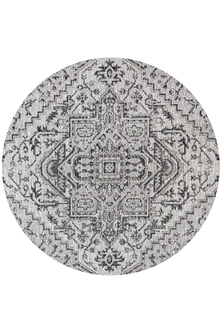 Estrella Bohemian Medallion Textured Weave Indoor/Outdoor Round Area Rug, Alternate, color, Black/Gray