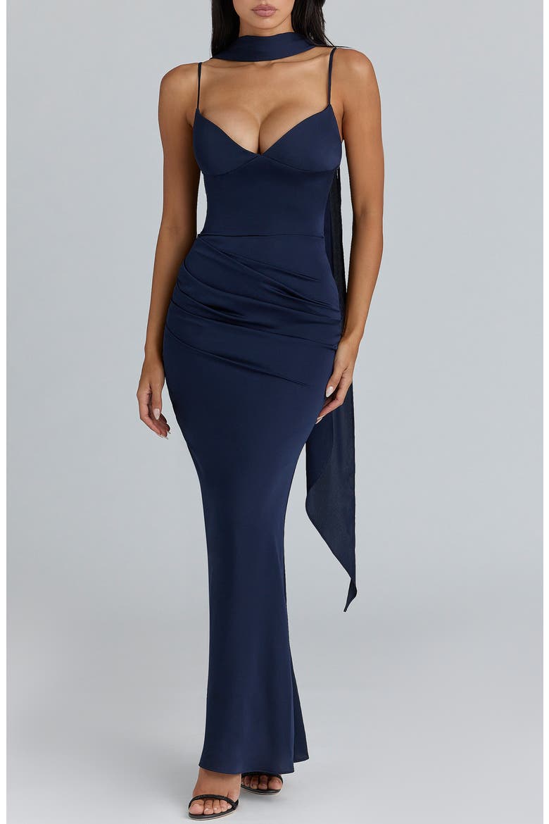 Freya Gathered Satin Spaghetti Strap Gown with Scarf, Main, color, NAVY