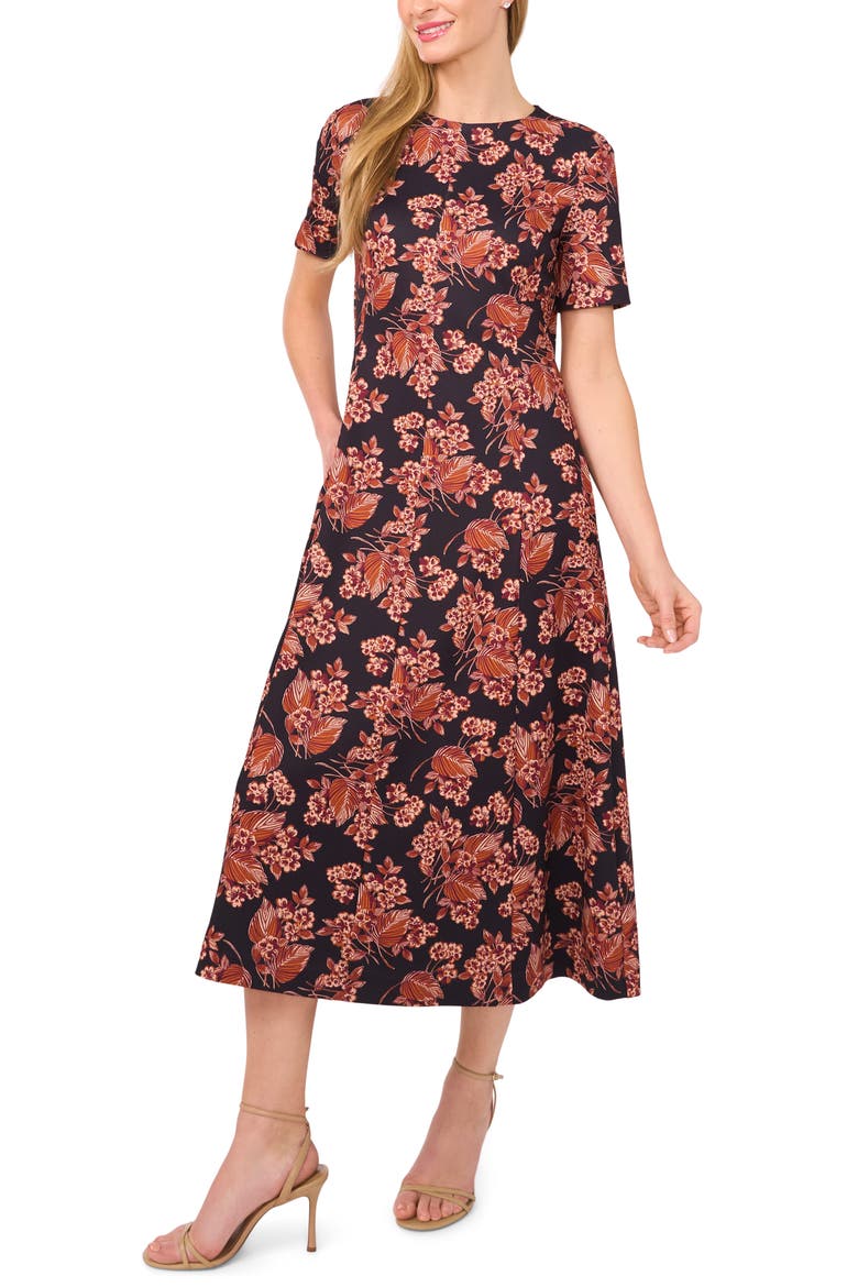 Floral Short Sleeve Ponte Midi Dress, Main, color, LEATHER BROWN