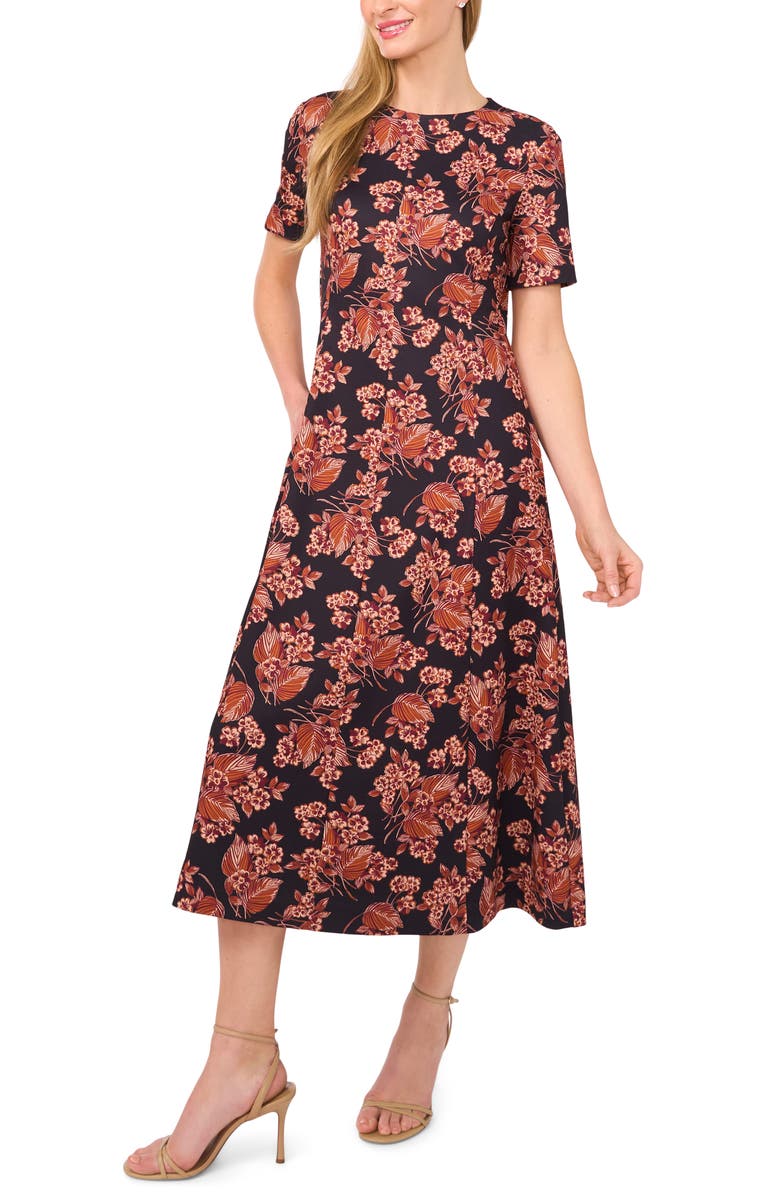 Ted Baker Floral Short Sleeve Ponte Midi Dress, Main, color, Leather Brown