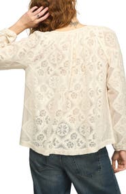 Lucky Brand Lace Long Sleeve Cotton Peasant Top