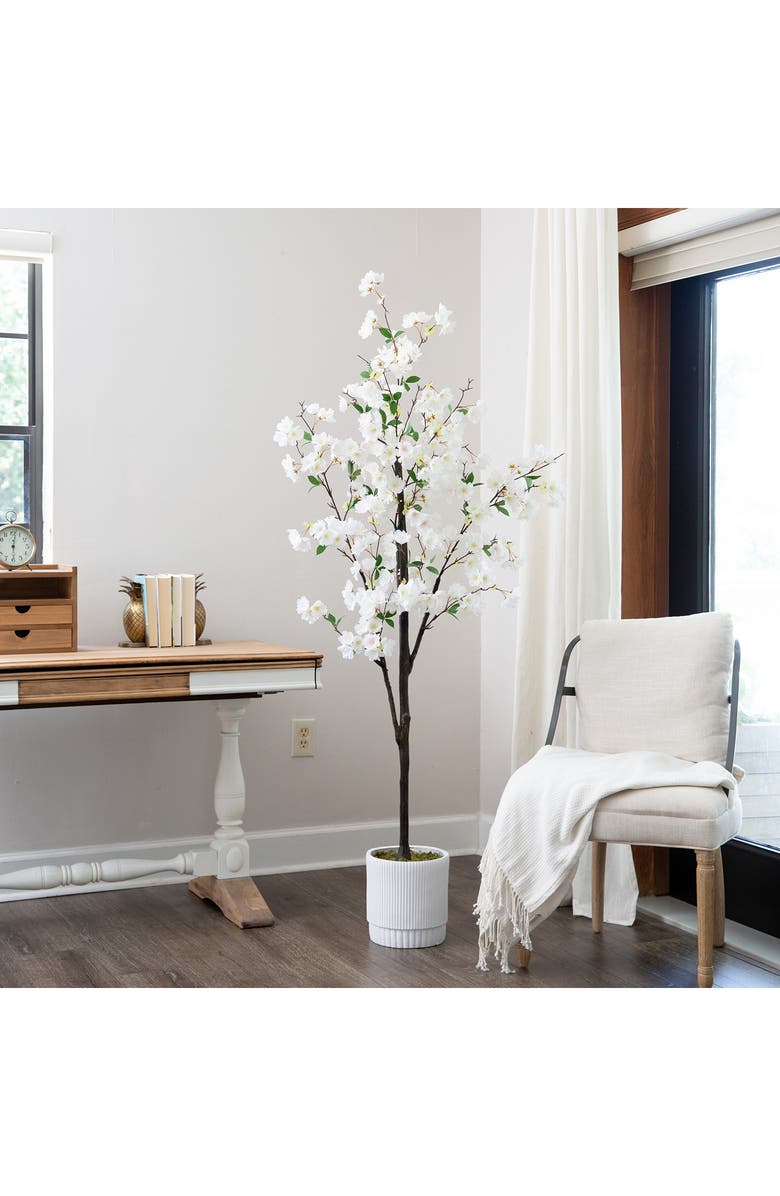 NEARLY NATURAL 6 ft. Cherry Blossom Artificial Plant in White Planter, Alternate, color, 
