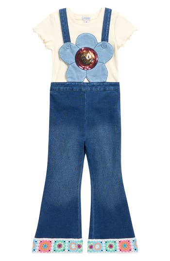 Flapdoodles Kids' T-shirt & Appliqué Overalls Set In Multi