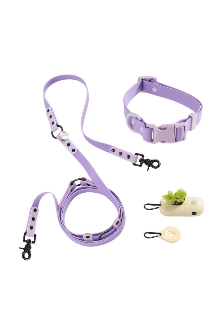 Luna Adjustable 6-in-1 Waterproof Hands-Free Leash and Collar with LED Flashlight, Bag Dispenser, and Poop Bag Holder, Main, color, Purple/Light Purple