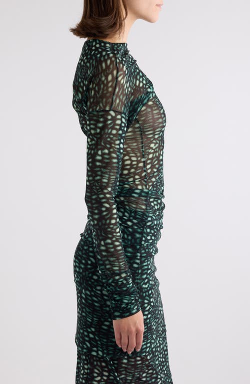 Dries Van Noten Hoan Print Ruched Mesh Top In Malachite