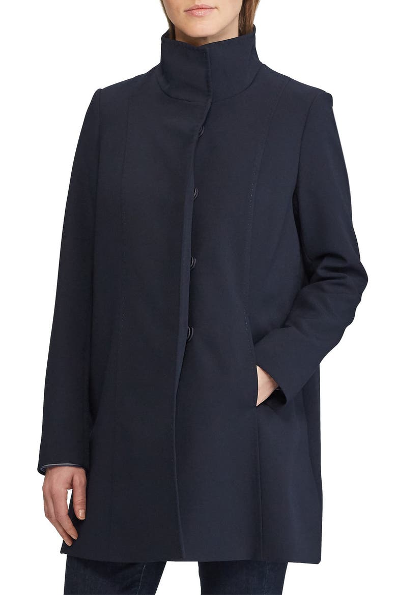 Stand Collar Crepe Coat, Main, color, NAVY