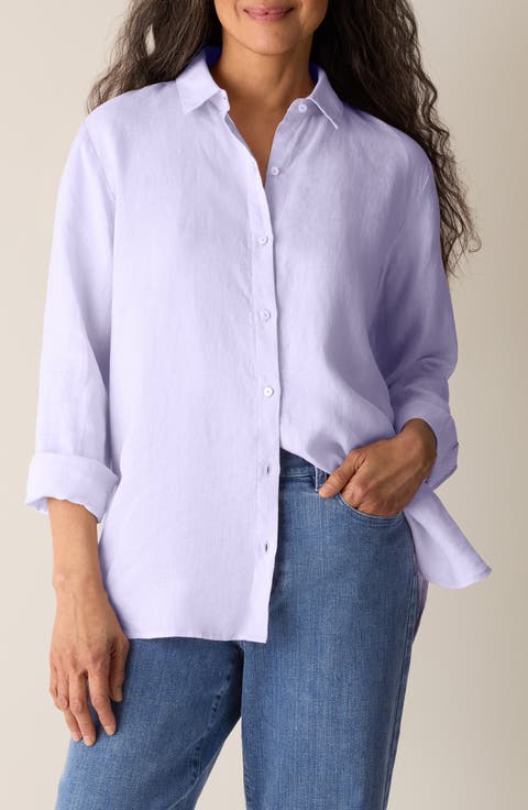 Classic Collar Organic Linen Long Button-Up Shirt (Regular & Petite)