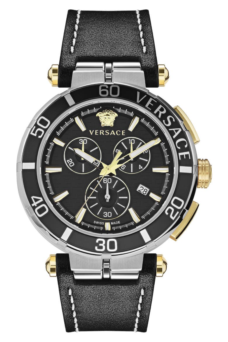 Greca Chronograph Leather Strap Watch, 45mm, Main, color, STAINLESS STEEL