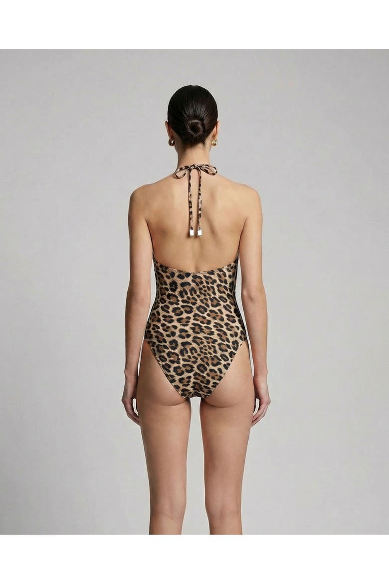 Leopard Brown Womens Halter One-Piece Swimsuit, Alternate, color, Leopard Brown