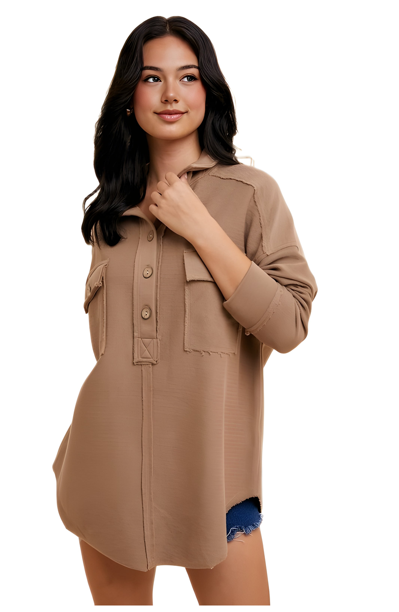 Knit and Lounge Casual Utility-Style Button-Up Tunic Shirt with Patch Pockets, Main, color, 