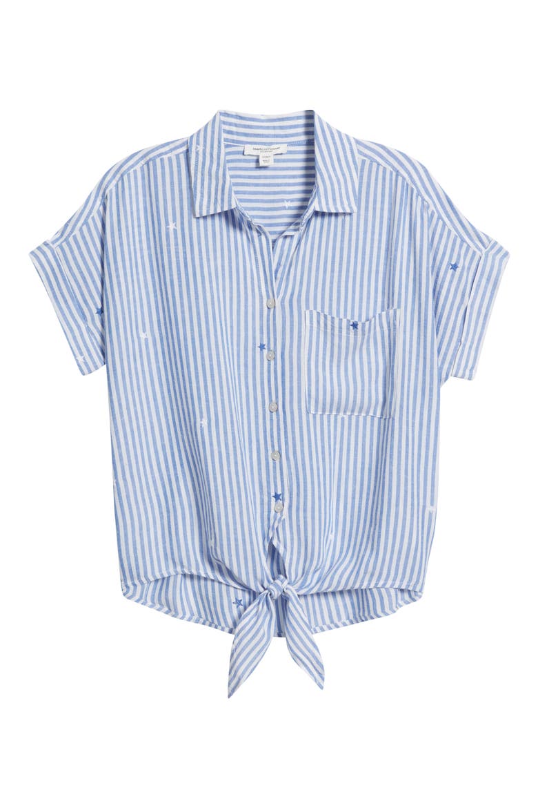 Rosie Embroidered Tie Front Short Sleeve Button-Up Shirt, Alternate, color, HALF MOON BAY