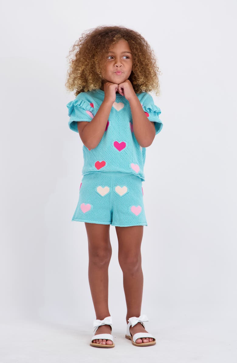 Andy & Evan Kids' Open Knit Top & Shorts Set, Alternate, color, Aqua Hearts