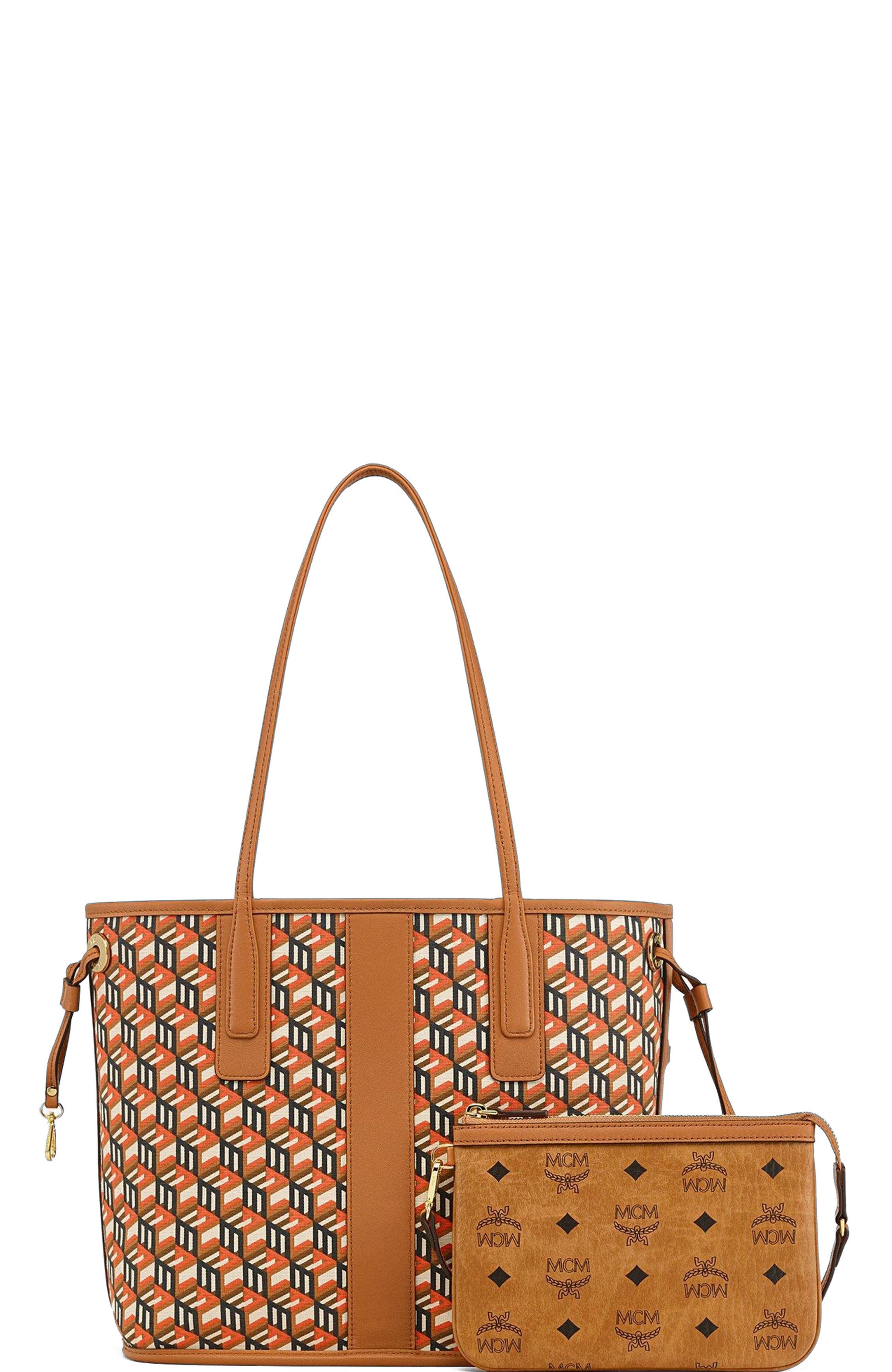 MCM Small Reversible Liz Shopper in Visetos, Alternate, color, Cognac