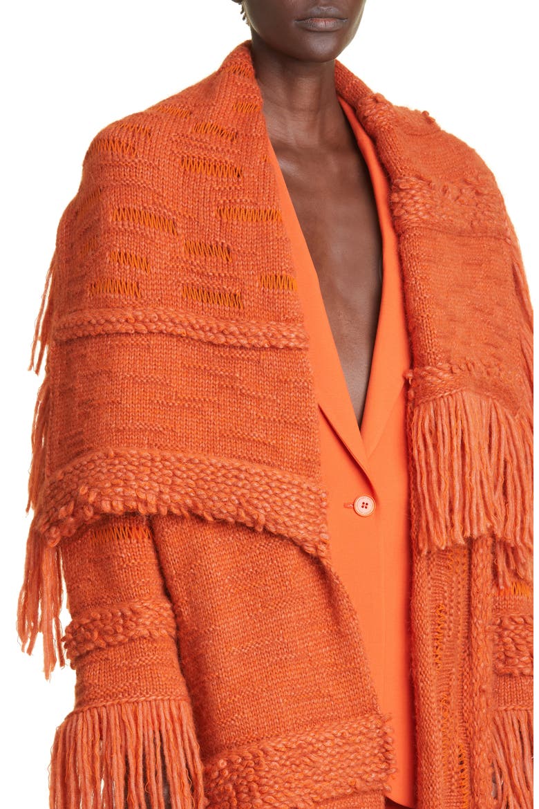 Fringe Trim Alpaca & Wool Blend Coat, Alternate, color, 7510 TANGERINE