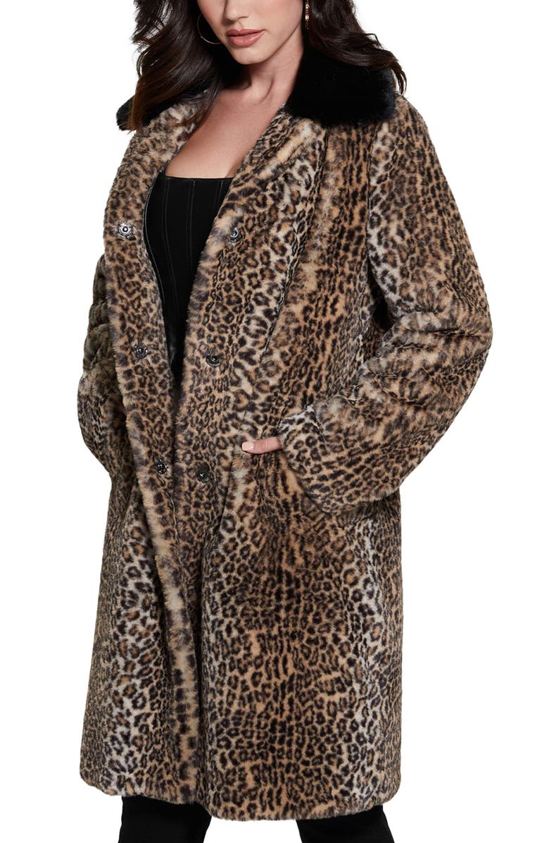 GUESS Petra Leopard Print Faux Fur Coat, Alternate, color,