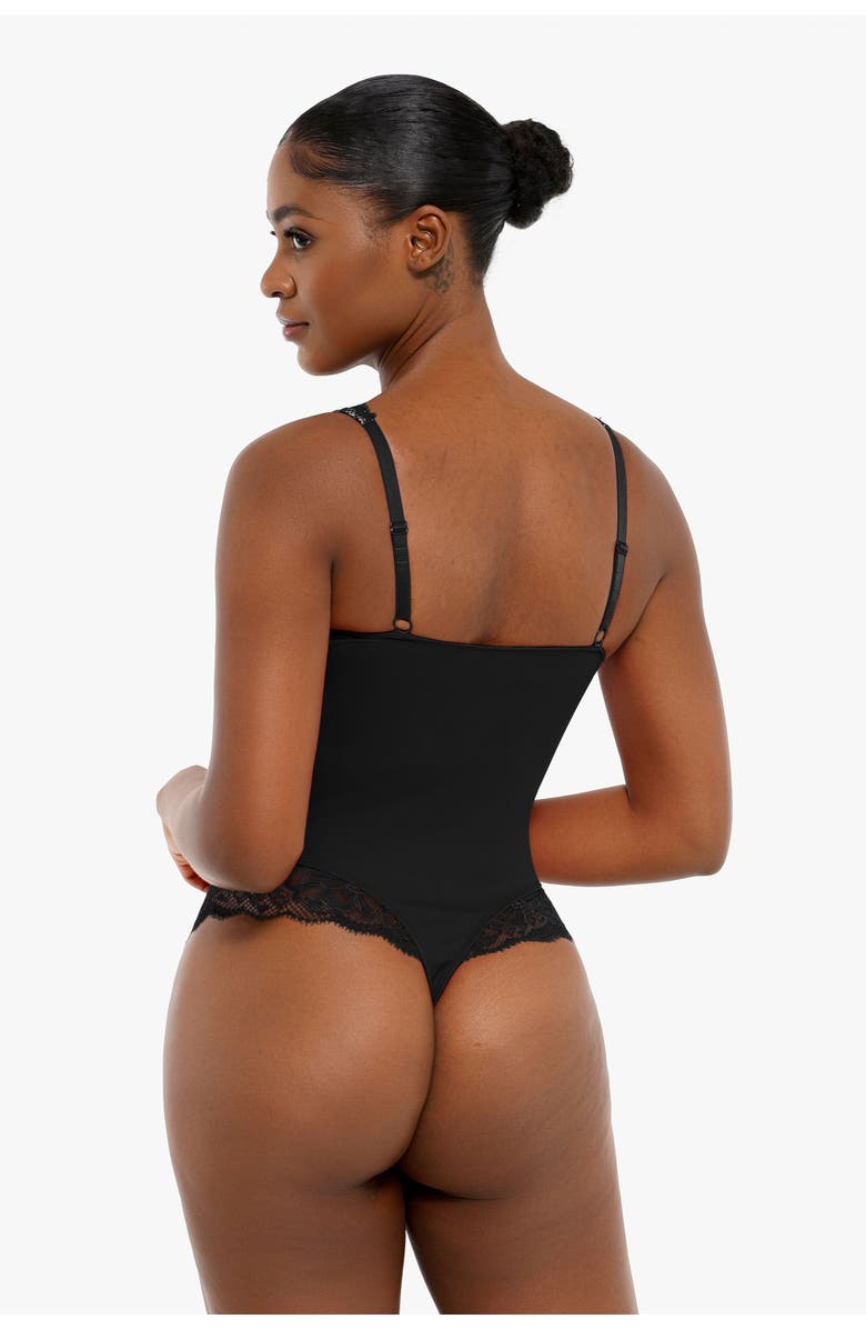Popilush Shapewear Deep V-Neck Sculpting Lace Inset Bodysuit, Alternate, color, Midnight Black
