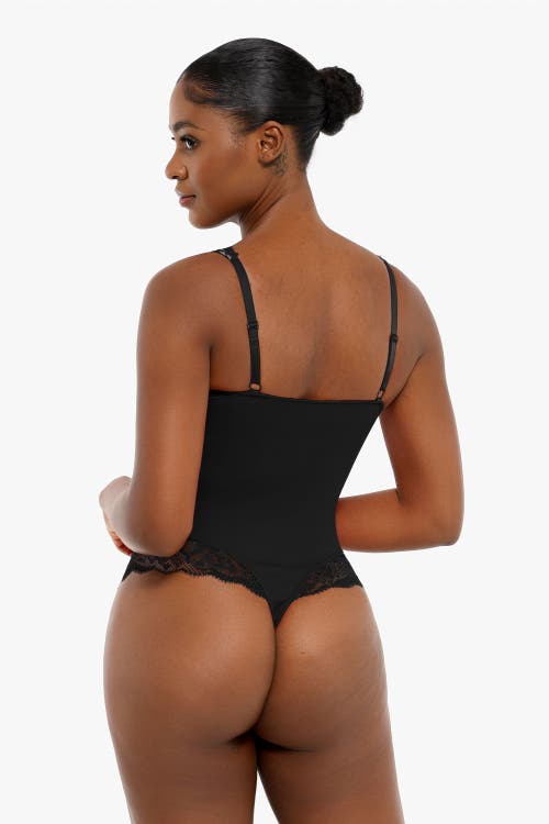 Popilush Shapewear Deep V-neck Sculpting Lace Inset Bodysuit In Midnight Black