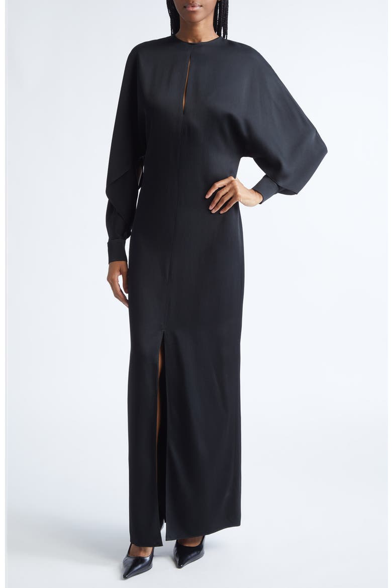 Split Long Sleeve Satin Gown, Alternate, color, BLACK