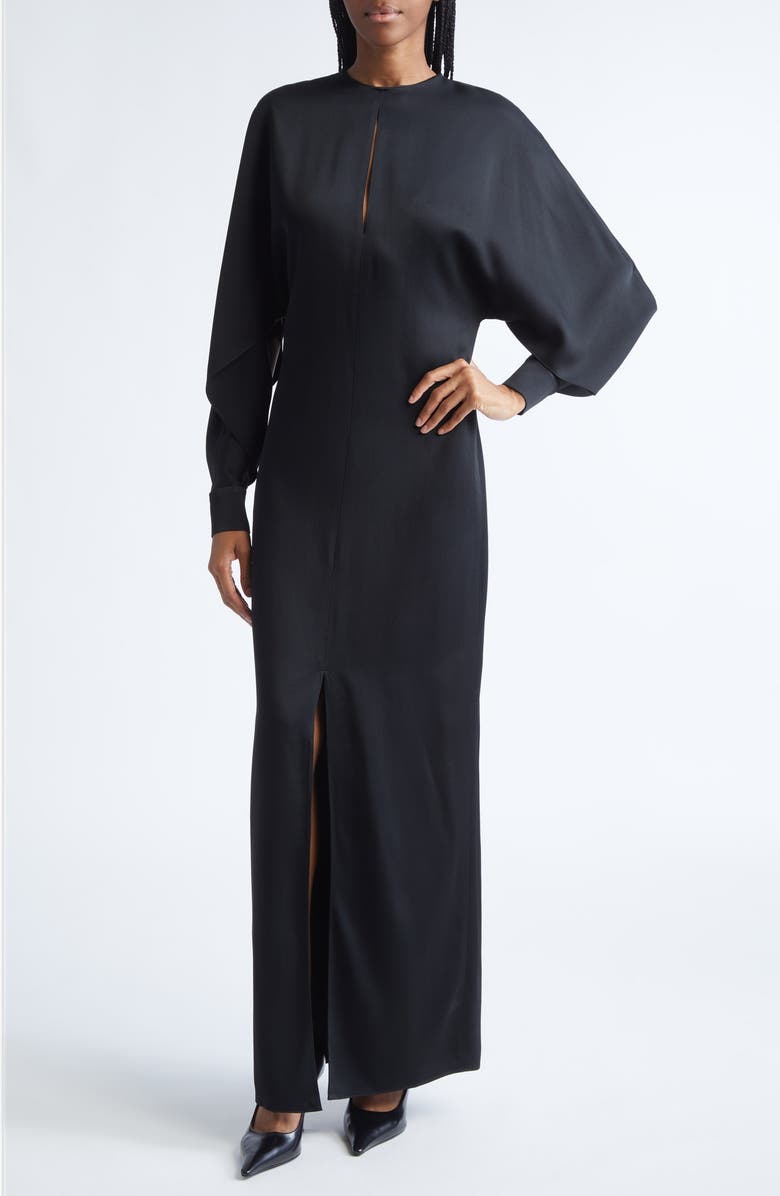 Michael Kors Collection Split Long Sleeve Satin Gown, Alternate, color, Black