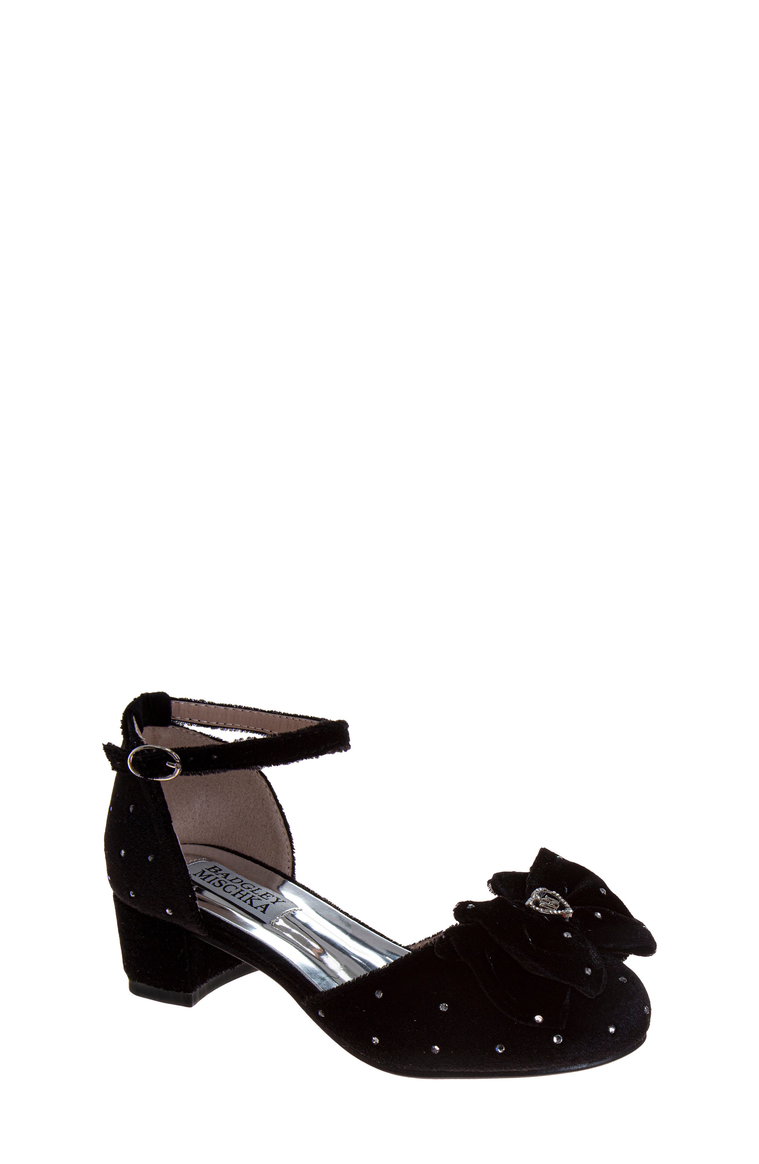Kids' Velvet Bow Block Heel Pump, Main, color, BLACK VELVET
