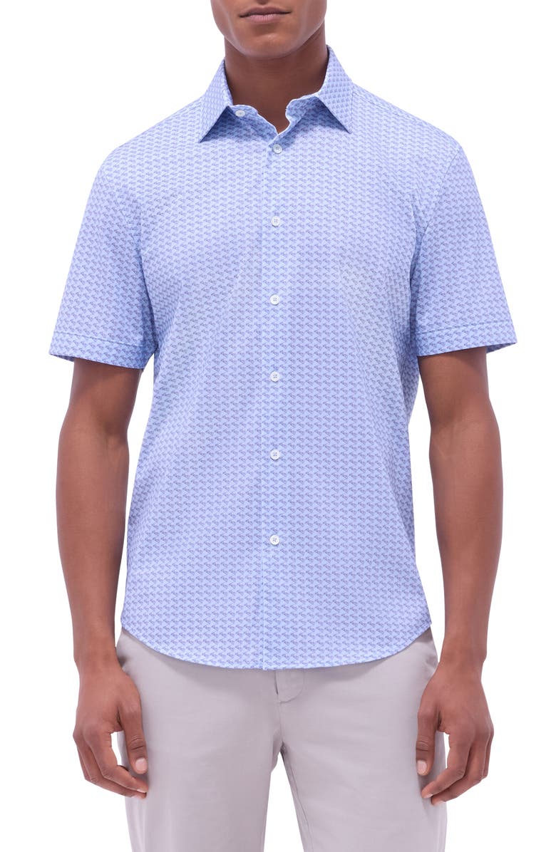 Bugatchi Miles OoohCotton<sup>®</sup> Motorcycle Print Short Sleeve Button-Up Shirt, Main, color, Air Blue