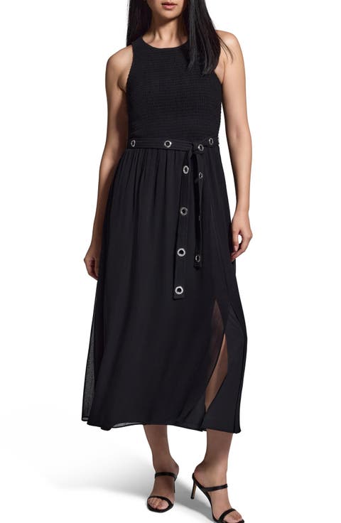 Grommet Belt Smocked Georgette Midi Dress